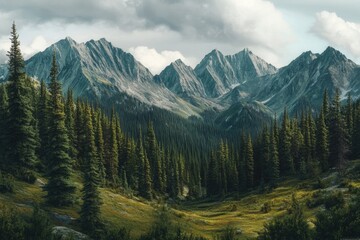 Obraz premium Mountain Range with Pine Trees