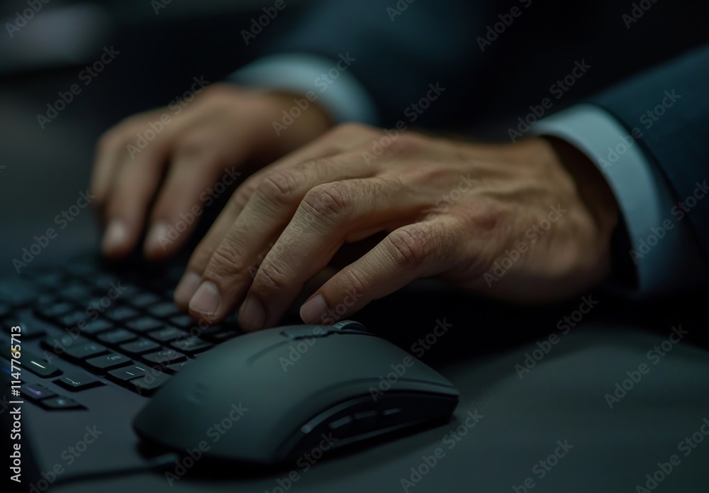 Poster close-up of hands typing on a keyboard and using a mouse