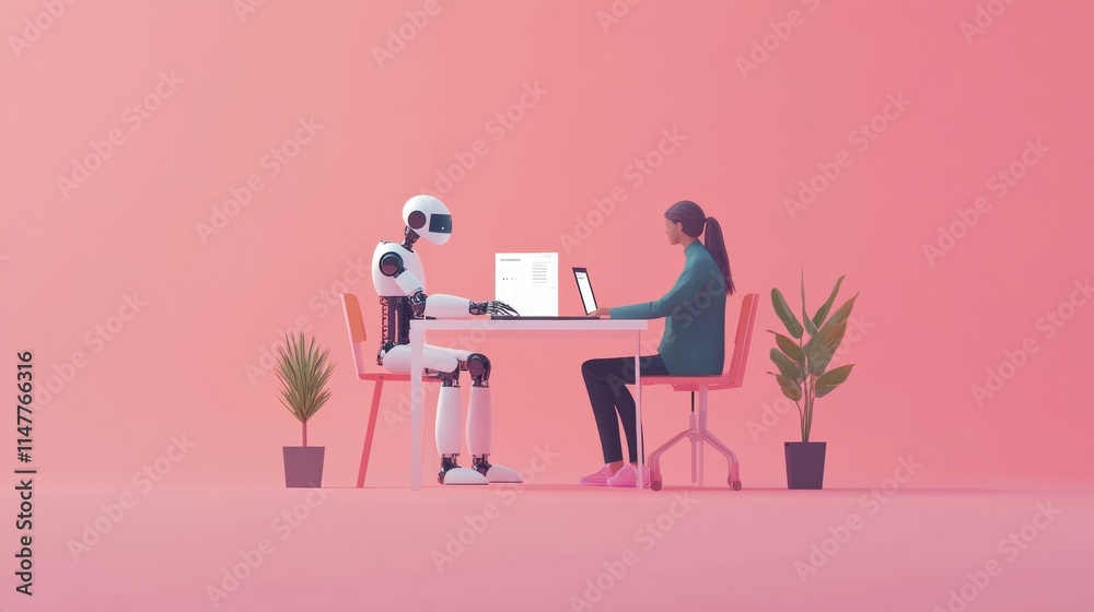 Poster Collaboration between a human and a robot at a desk working together on a project with a modern and minimalist design. Generative AI