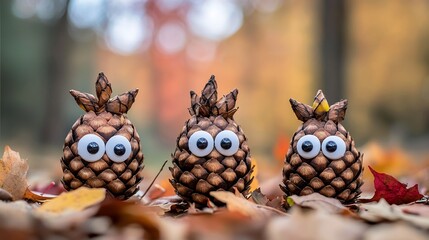 Obraz premium Three pine cones with googly eyes on autumn leaves.