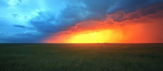 Fototapeta premium Dramatic sunset over a green field with colorful clouds.