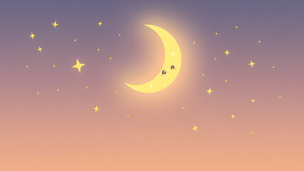 Naklejka premium Celestial Dreamscape: A crescent moon smiles serenely amidst a scattering of twinkling stars against a warm, twilight sky. A charming illustration perfect for peaceful and dreamy projects. 