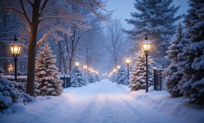 Enchanting winter walkway at dusk