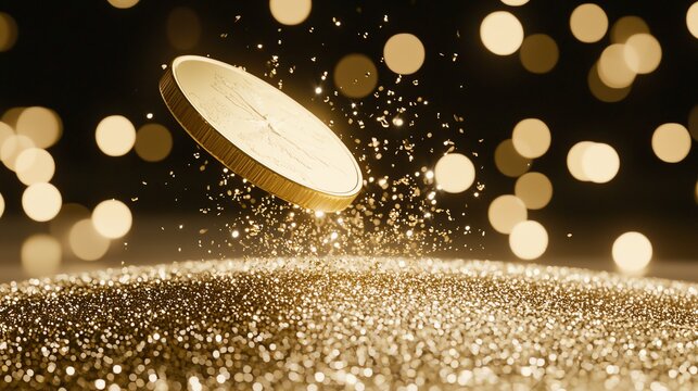A glowing gold coin spinning mid-air in slow motion