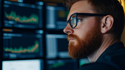 Fototapeta premium Stock trader intensely analyzing real-time market data on multiple screens
