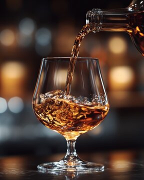 An elegant glass of benedictine being poured upscale bar beverage photography intimate atmosphere close-up view indulgence