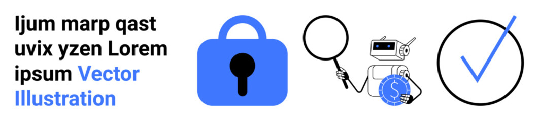 Robots use magnifying glass to inspect coin, accompanied by a lock and a check mark. Ideal for digital security, data protection, cybersecurity, finance, blockchain, online privacy, technology