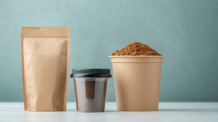 A minimalist display of food packaging featuring a paper bag, a small container, and a cup filled with brown powder against a soft green background.