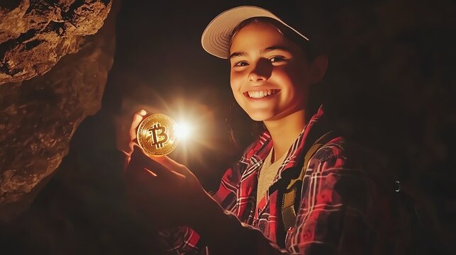 A young archaeologist holding a gold coin with ancient engravings, standing in a cave illuminated by their flashlight, hyper realistic, mysterious and adventurous tone