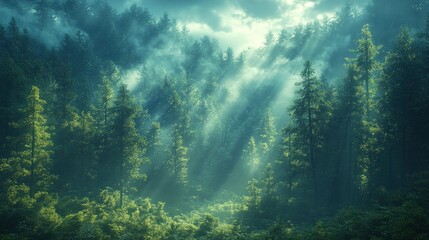 Naklejka premium Sunbeams pierce misty, green forest.