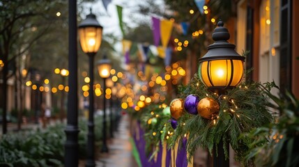 A beautifully decorated street for Mardi Gras with glowing lampposts, colorful garlands, and festive ornaments in purple, green, and gold creating a magical evening atmosphere