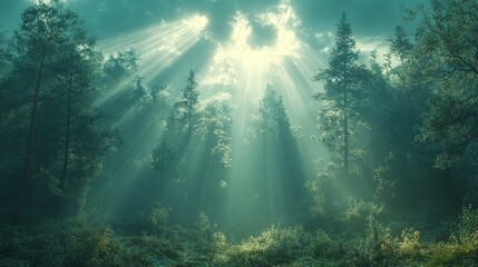 Obraz premium Sunbeams pierce misty, green forest.