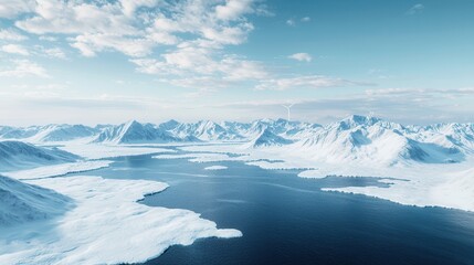 Fototapeta premium A stunning aerial view of a snowy landscape with mountains and a calm blue sea under a bright sky, showcasing the beauty of winter wilderness.