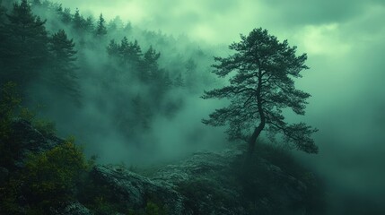 Misty forest, solitary tree, rocky outcrop.