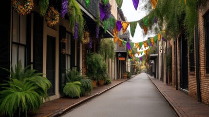 A vibrant street adorned with Mardi Gras flags and festive decorations in green, purple, and gold, surrounded by lush greenery and classic architecture, creating a celebratory atmosphere