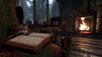 Cozy cat napping on book by fireplace in rustic cabin.