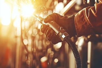 Close-up of a Worker Holding a Spark Generating Tool in an Industrial Setting with Glowing Sparks Flying in the Air During a Bright Sunset