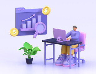 3d illustration with character financial management in a company