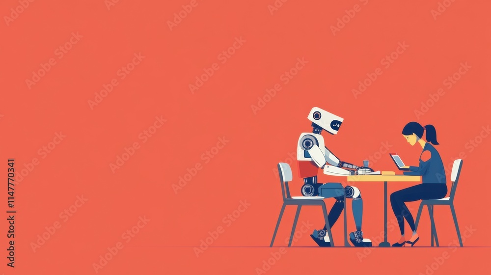 Aufkleber Collaboration between human and robot at a desk while brainstorming an innovative project in a modern workspace. Generative AI