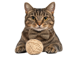 Isolated Tabby Cat Wearing a Bow Tie with Yarn Ball