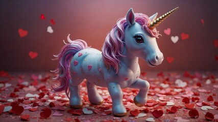 Cute little multi-colored unicorn, on a background of hearts, Valentine's day card