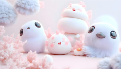 Animales s&uacute;per cucos, suaves y tiernos, con ojos grandes, en tonos rosas y auzles. Estilo Kawaii