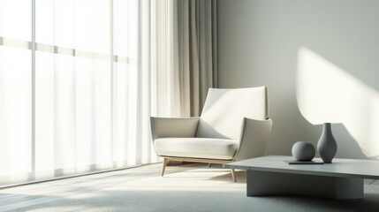 Minimalist modern living room with sleek, open decor. Featuring clean lines and neutral tones