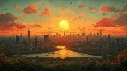 Fototapeta premium Cityscape sunset, river, autumn foliage, birds.