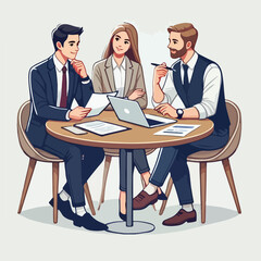 partners meeting for business discussion with documents and laptop on desk.couple at round table ,speaking ,discussing work,partnership.flat vector illustration isolated on a white background