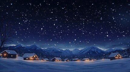 Beautiful starry sky at night, there is snow on the ground and small houses in front of it.