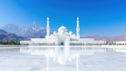 Majestic white mosque reflecting in a pristine courtyard, mountains in background.