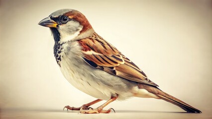Antique photo of a male house sparrow (Passer domesticus) against a pristine white backdrop.