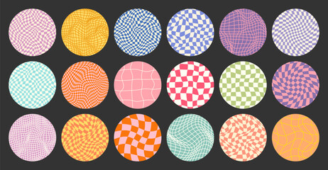 Groovy checkered pattern, round colorful tiled grid. Vintage wavy curved backdrop, distortion effect. Funky geometric chessboard texture, retro background in 90s style, y2k. Vector illustration