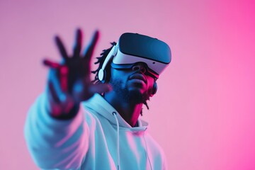Naklejka premium African American man playing VR video game with headset
