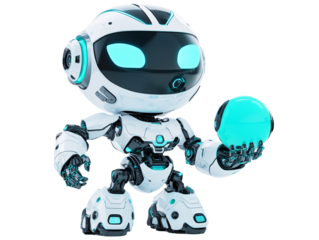 Isolated Cute Robot with Blue Orb