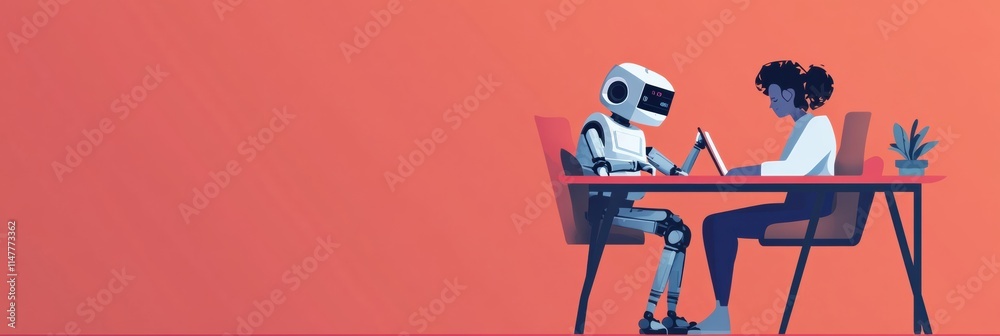 Poster collaborative project work between a human and a robot at a modern workspace. generative ai