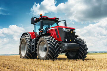 A red tractor in a golden field under a blue sky, showcasing agricultural machinery.