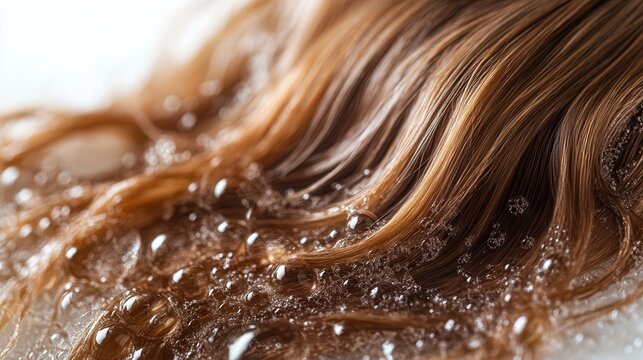 Close-up of wet hair strands with bubbles, emphasizing texture and moisture.
