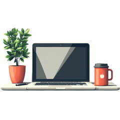 Fototapeta premium Creative desk setup with laptop and coffee in modern home office environment for productivity and inspiration
