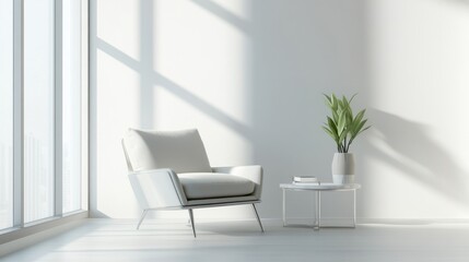 Minimalist modern living room with sleek, open design. Featuring clean lines and soft tones