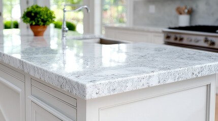 Close-up of a sleek, light gray quartz kitchen countertop.