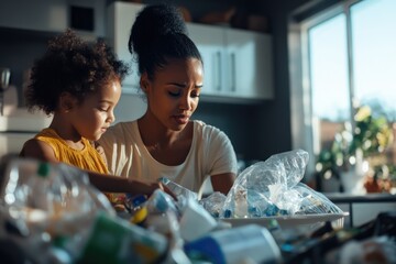 Biracial mother and daughter recycle at home promoting teamwork.