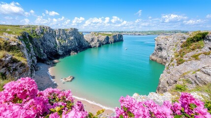 Fototapeta premium Secluded sandy beach cove surrounded by rocky cliffs and turquoise ocean water with blooming pink flowers in the foreground under a sunny blue sky.
