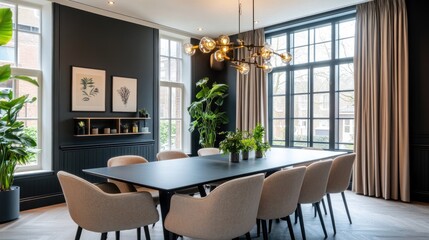 Elegant dining room with large windows, dark walls, and beige chairs.