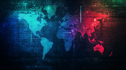 Obraz premium Colorful world map mural illuminated with vibrant lights on a brick wall. 