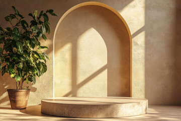 A serene indoor space featuring a circular platform and a potted plant, illuminated by sunlight.