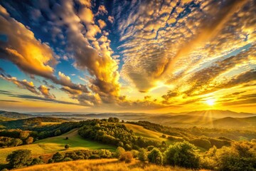 Golden hour's dramatic sky ablaze, a panoramic nature photograph with sunlit brushstrokes, artistically rendered.