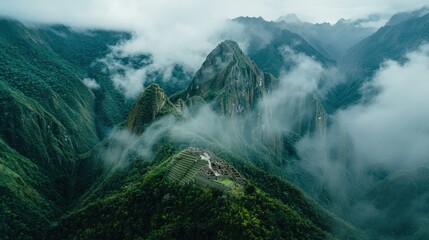 Misty Mountain Landscape Ancient Ruins Lush Green Valley Foggy Peaks