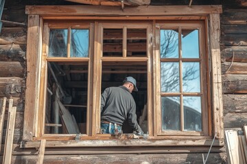 Fototapeta premium Renovating old house with energy efficient wooden windows.