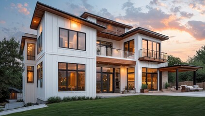 Fototapeta premium Home featuring white panels, wood accents, large windows, and a spacious patio.